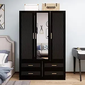 Wooden Armoire Wardrobe Closet：Modern Armoire Wardrobe Closet with 4 Doors, 2 Drawers and Hanging Rods for Tall Cabinet, Large C
