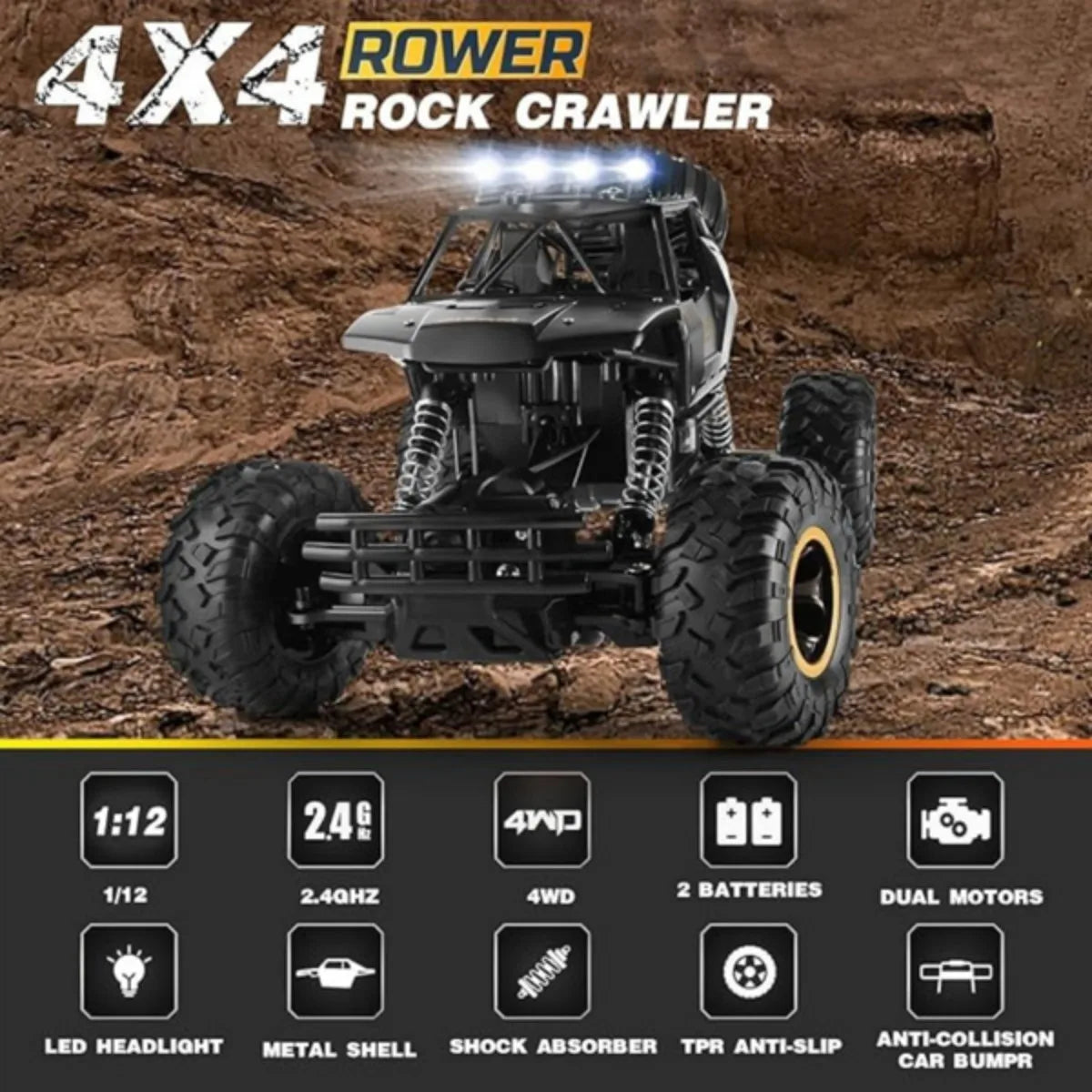 4DRC 1:12 Rock Crawler Rechargeable Off Road Truck 4WD , Metal Shell LED Headlights RC Remote Control Off Road Car Truck