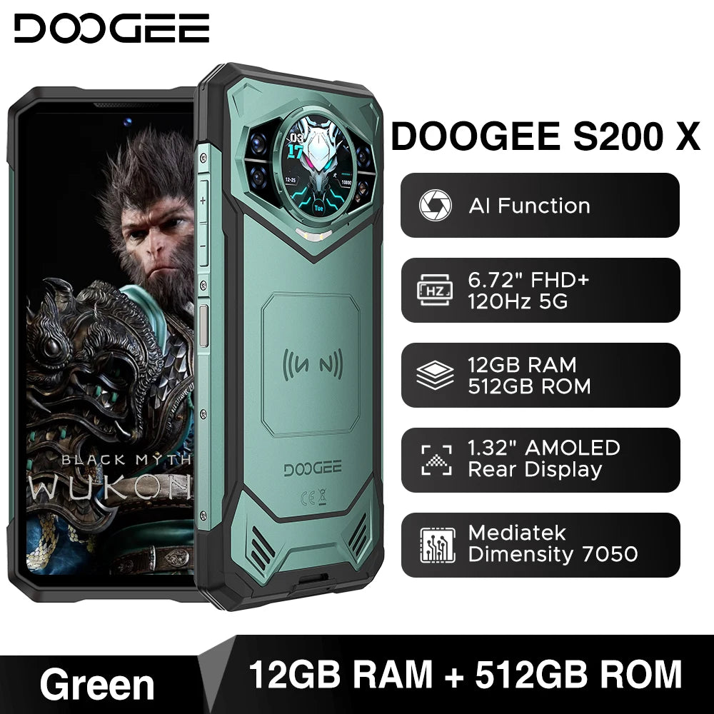 Global Version DOOGEE S200 X 5G Rugged Phone 6.72" Dimensity 7050 12GB+512GB AI Triple camera 10100mAh Battery NFC Smartphone