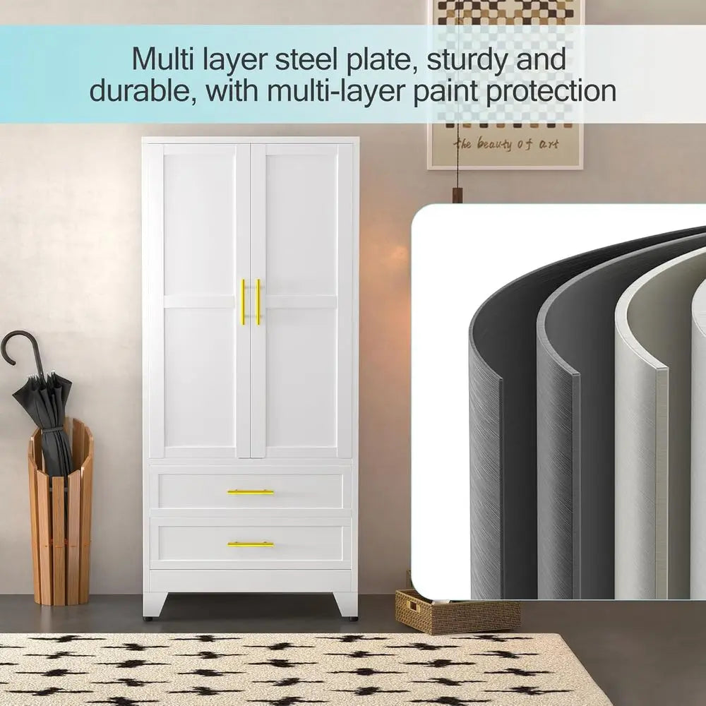 Metal Armoire Wardrobe Closet, 71 "Metal Clothing Storage Cabinet | with Adjustable Shelves and Hanging Rod, Household Steel War