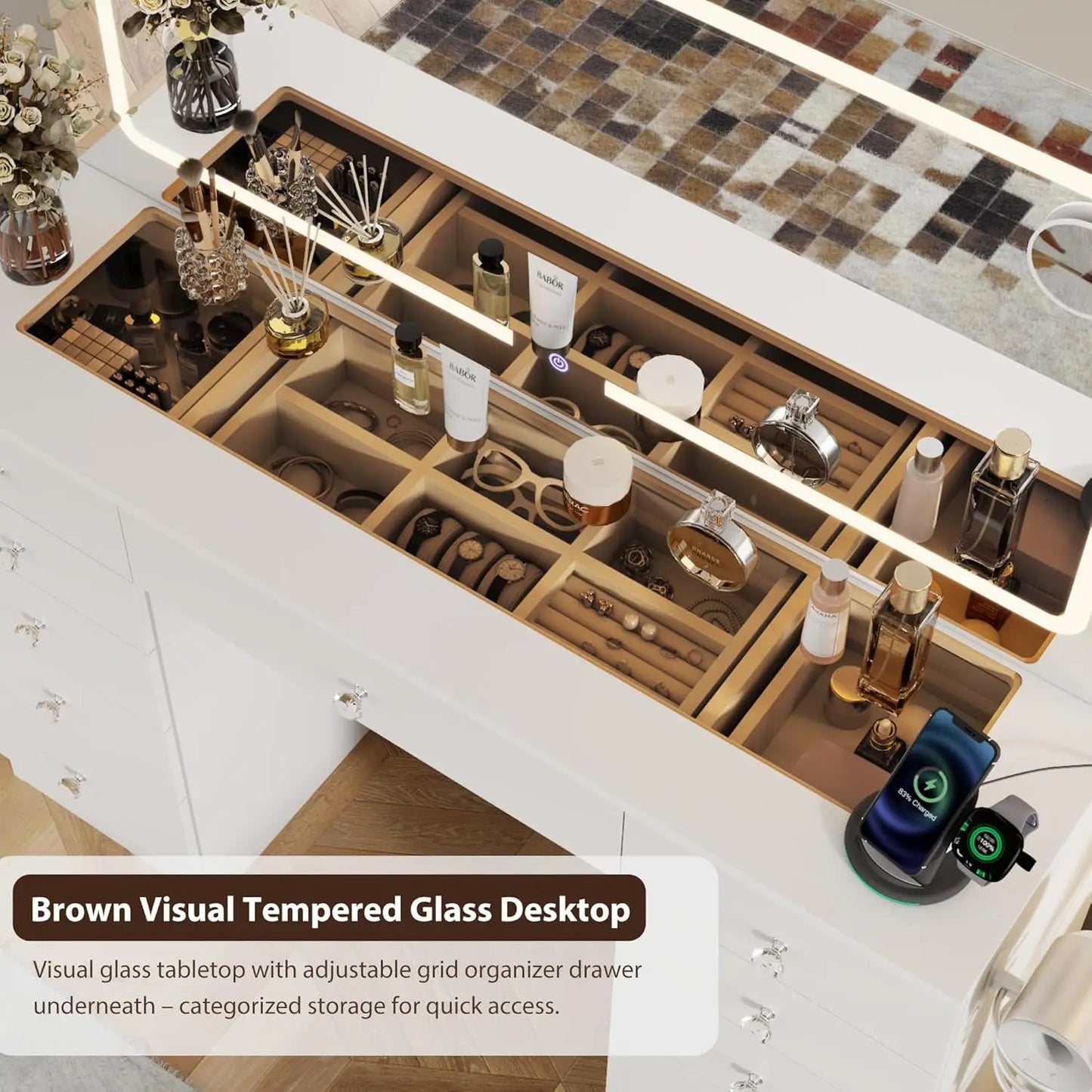 White Makeup Vanity with 11 Drawers, LED Mirror, 3 Lighting Modes, Adjustable Brightness, Glass Top – Bedroom Vanity Desk