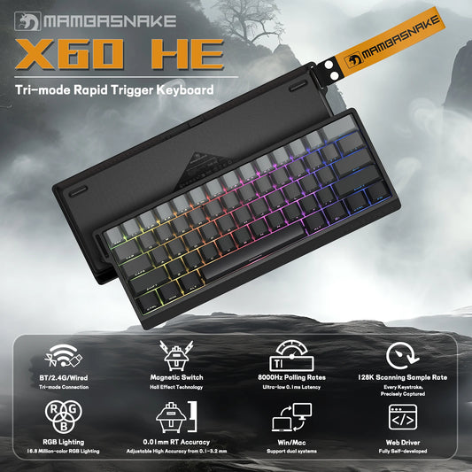X60 HE 60% Rapid Trigger Wireless Gaming Keyboard,Hall Effect Magnetic Switches,Adjustable Actuation,8KHz Polling Rate