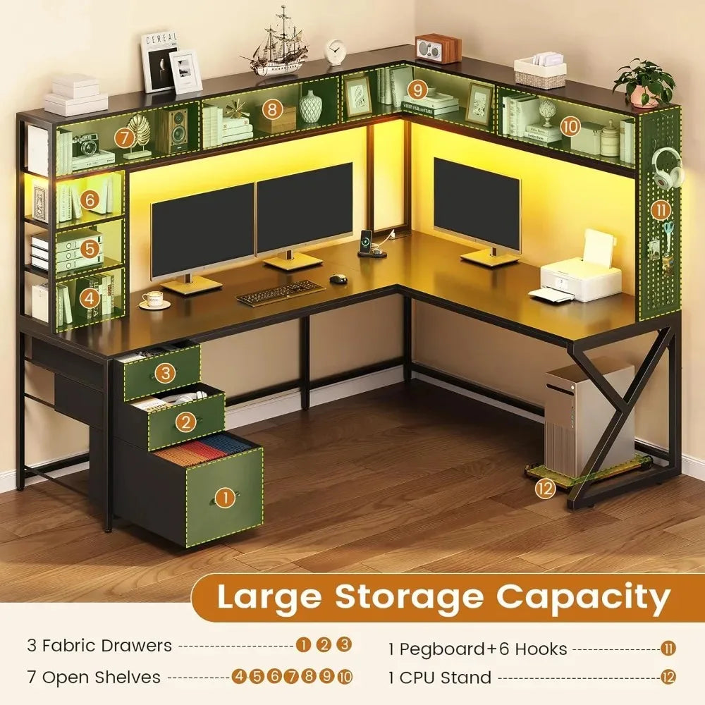 L Shaped Gaming Desk with Storage Shelves and Hutch, Convertible 94.5" Computer Desk with Drawers, Corner Computer, Customized