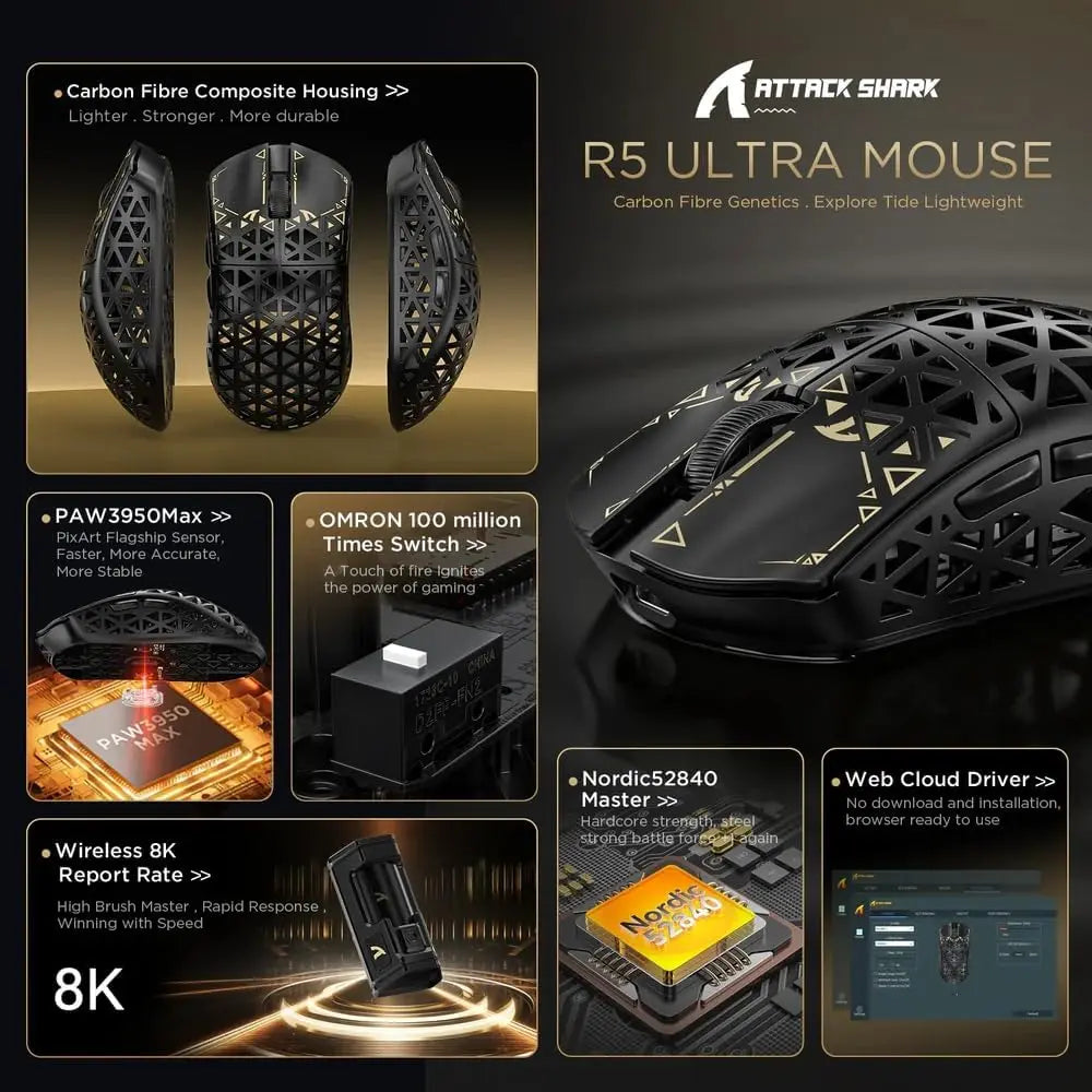 MAMBASNAKE x ATTACK SHARK R5 Ultra Wireless Gaming Mouse,39g Superlight Carbon Fiber Hollowed-Out