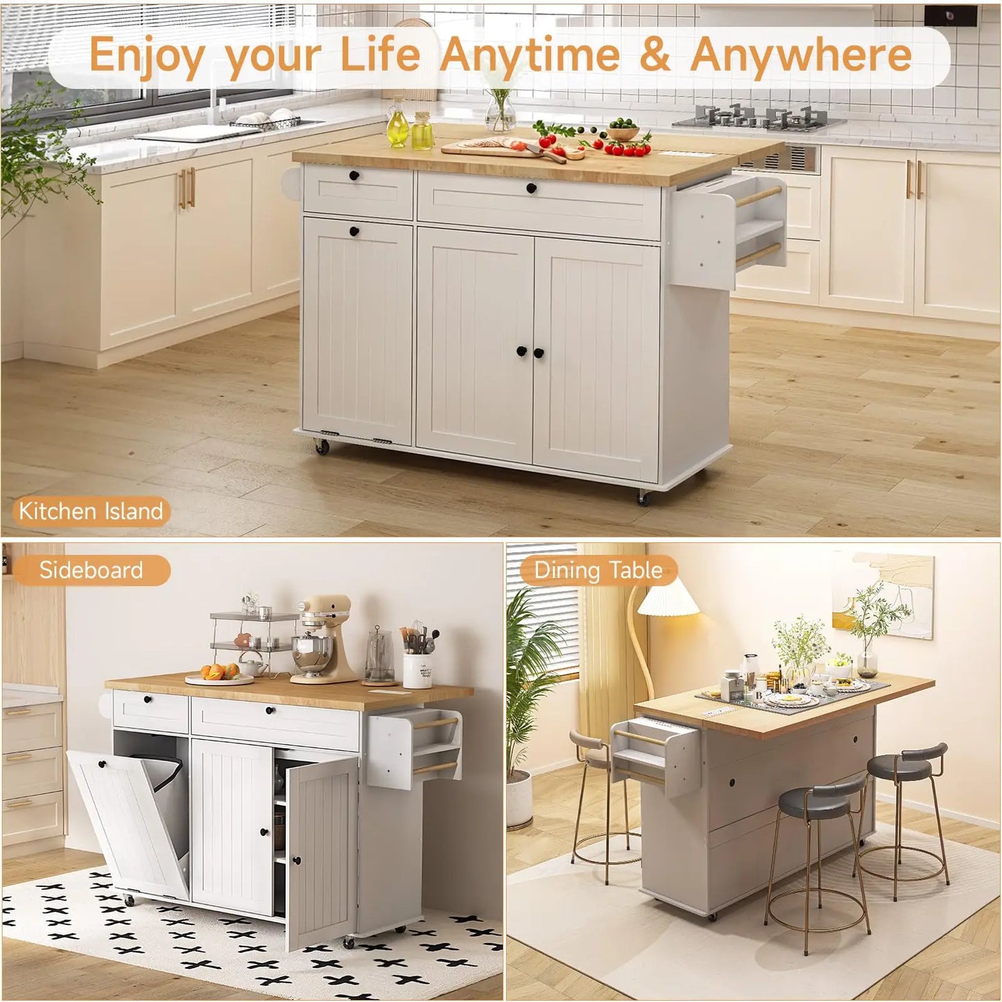 60" Mobile Kitchen Islands Rolling Trolleys Kitchen Island Table Drop Leaf Home Carts with Power Outlet Spice Towel Rack Trash