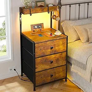 Tall Nightstand Set of 2 with Charging Station and Led Lights Nightstand with 3 Drawers and Shelves Bedside Table with Ports an