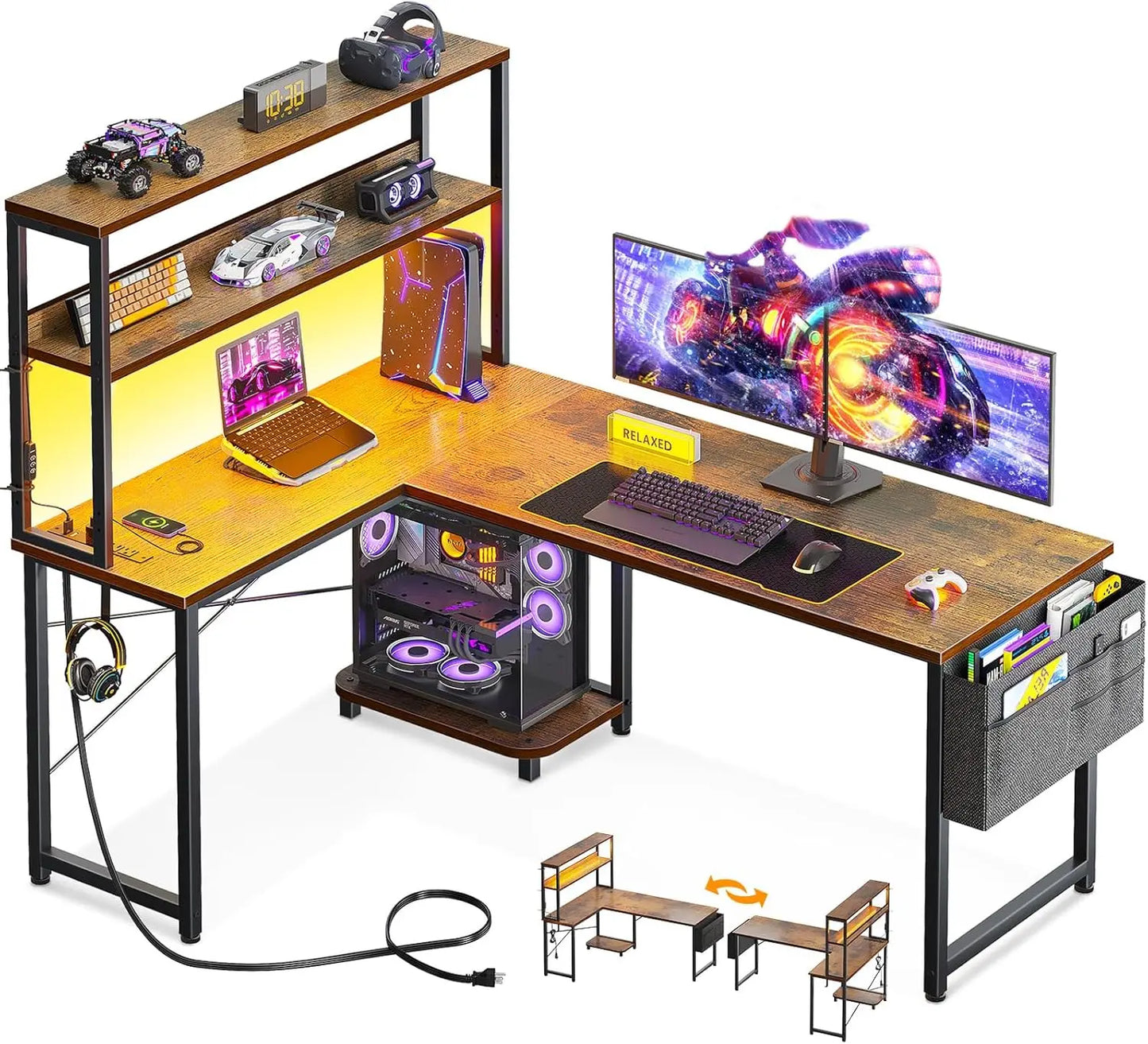 53 Inch L Shaped Gaming Desk with LED Lighting, Reversible Desk with Power Outlets, Customized