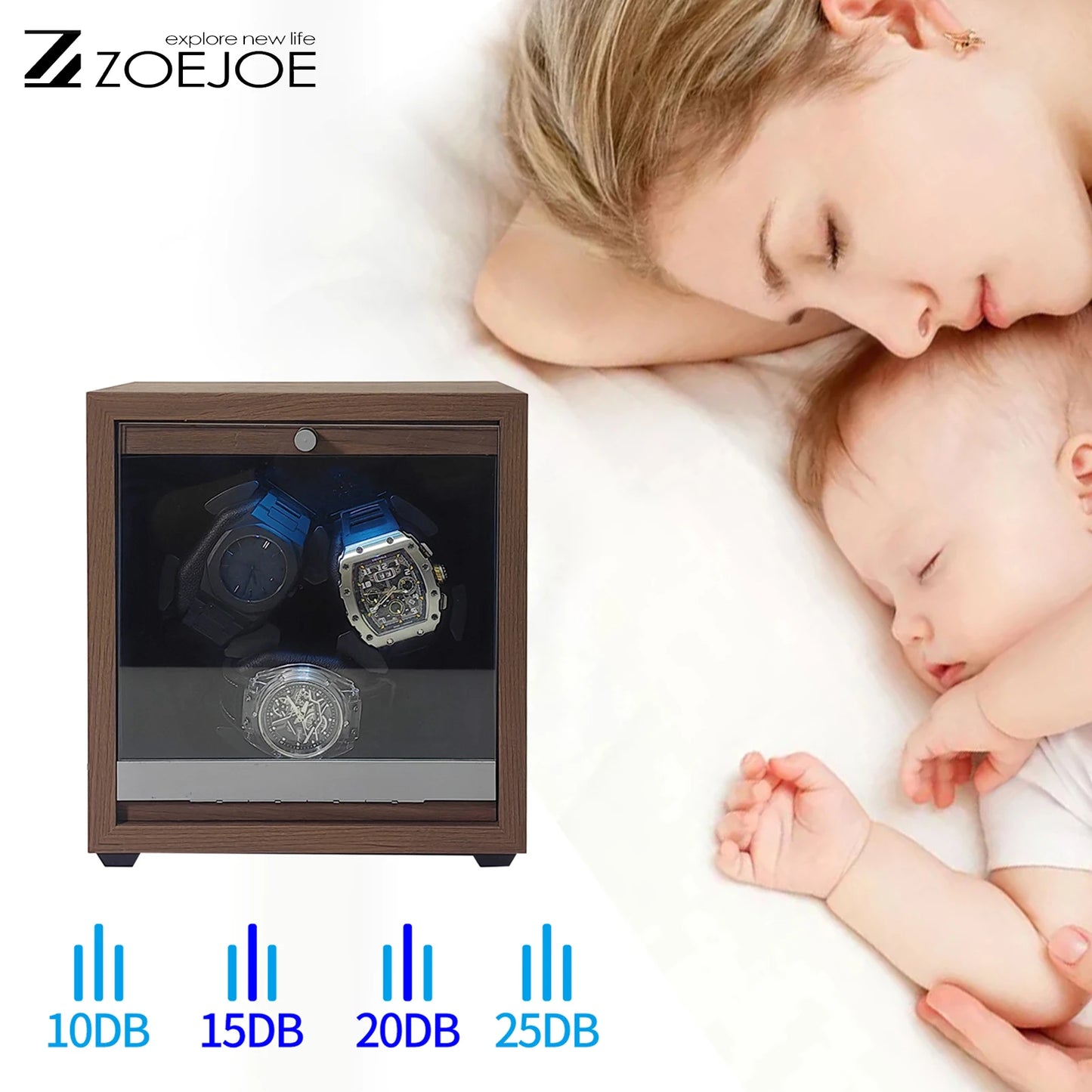 Automatic Watch Winder With LED Ambient Light Quiet Motor Walnut Grain USB Cable 5 Modes Watch Winders Best Gifts For Men Women