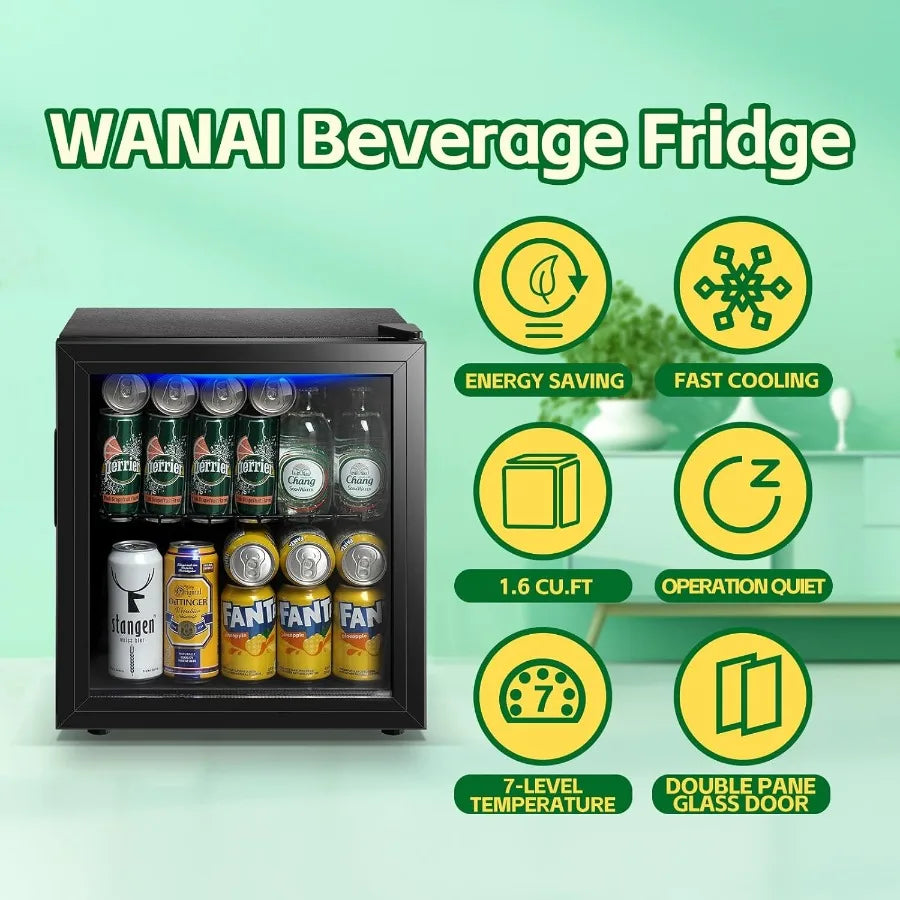 Beverage Refrigerator Cooler 1.6 Cu.Ft Freestanding Beer Fridge with Glass Door LED Light and Adjustable Shelf for Soda or Wine