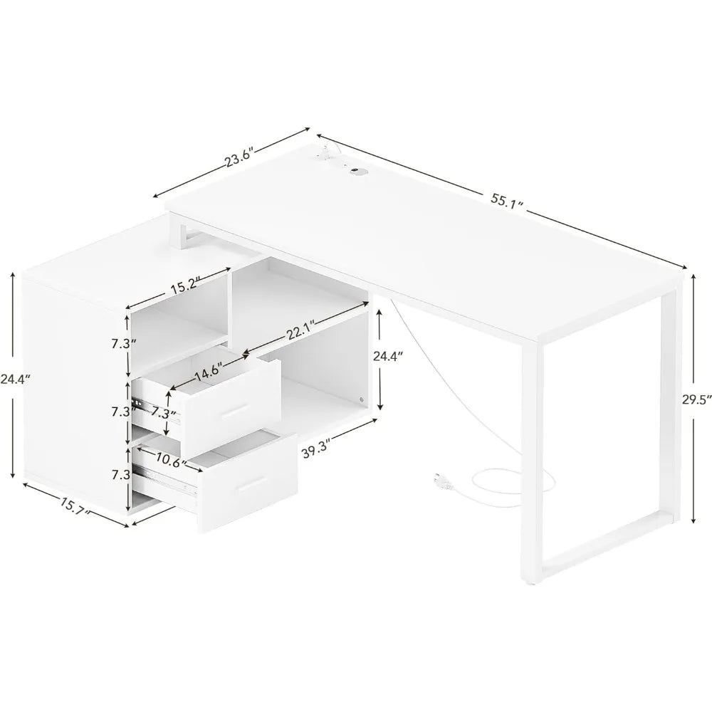 Shaped Desk with Drawers&Shelves, 55'' Corner Computer Desk with Power Outlets, Reversible PC Table with Storage File Cabinet