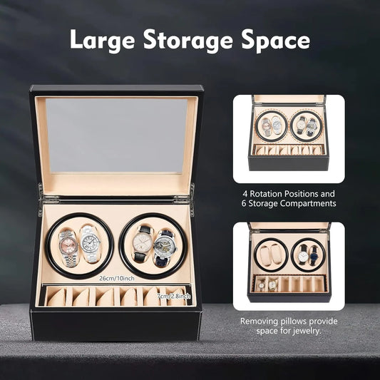 Automatic Watch Winder Display Box, 4+6  Rotation Leather Wood Watch Winder Collector Display Box Watch Case, Black