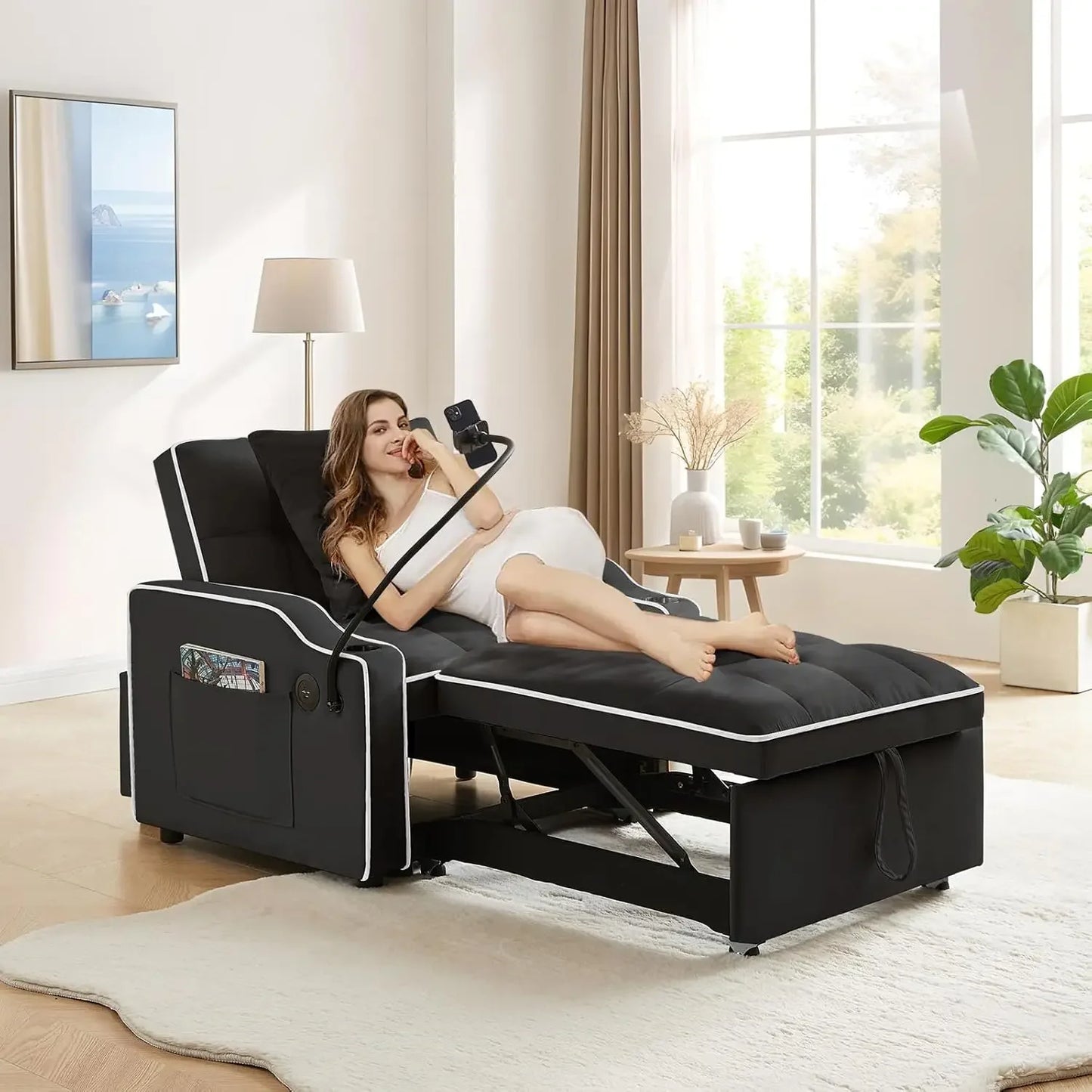 "Convertible Sleeper Chair Bed, 3-in-1 Velvet Futon Sofa with Phone Holder & USB Ports, Pull-Out Design & Adjustable Recline for