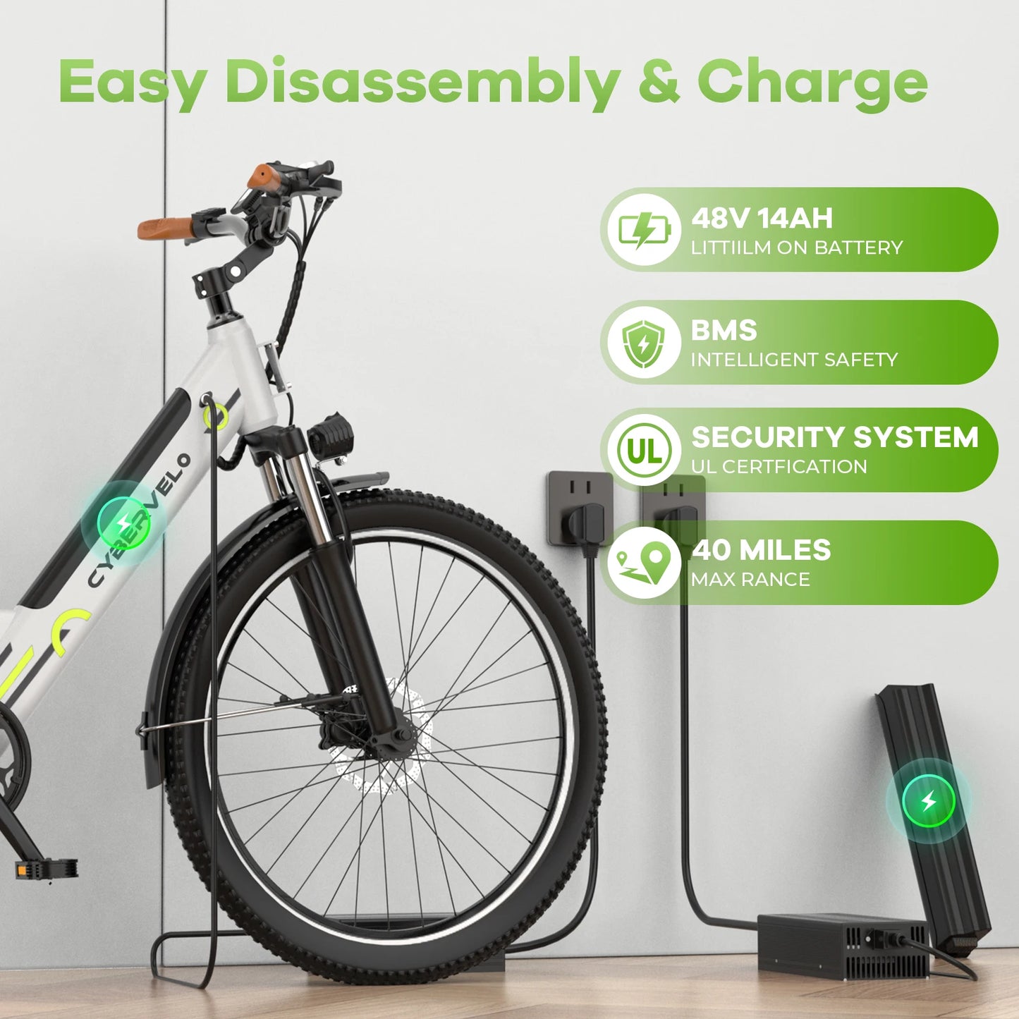 Cybervelo EK2 1000 Peak Electric Bike, 80 Miles Removable Battery Ebike, 26" Electric E Bike with 7-Speed,Adult Electric Bicycle