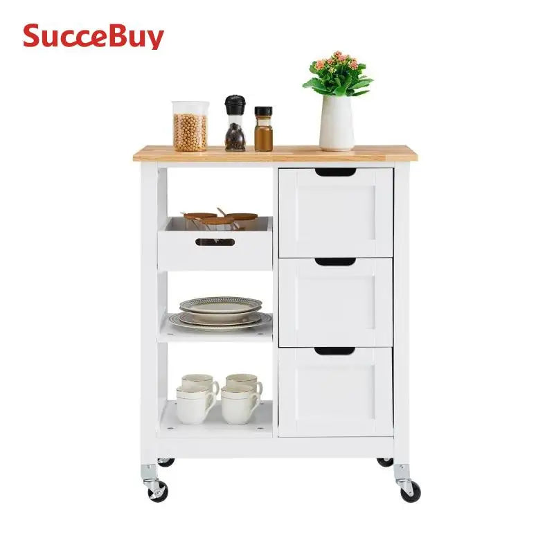 VEVOR Kitchen Island Cart Wood Top Mobile Breakfast Bar Rolling Kitchen Table with Drawers and Shelves Portable Island on Wheels
