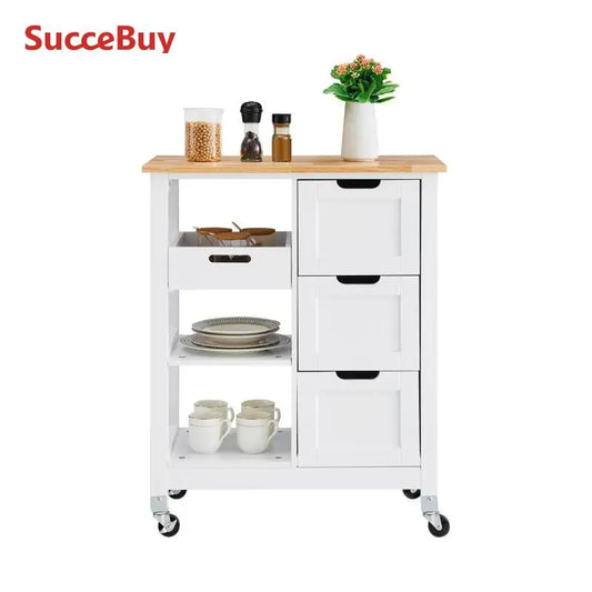 VEVOR Kitchen Island Cart Wood Top Mobile Breakfast Bar Rolling Kitchen Table with Drawers and Shelves Portable Island on Wheels