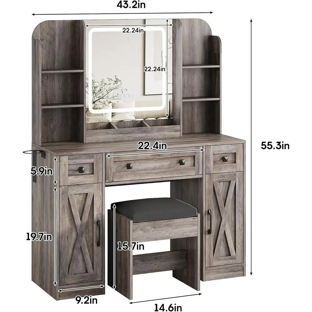 Makeup Vanity Desk with Lighted Mirror, Desk & Chair, 3 Drawers, 2 Cabinets, Time/Temp Display, Adjustable LED Lights, Grey