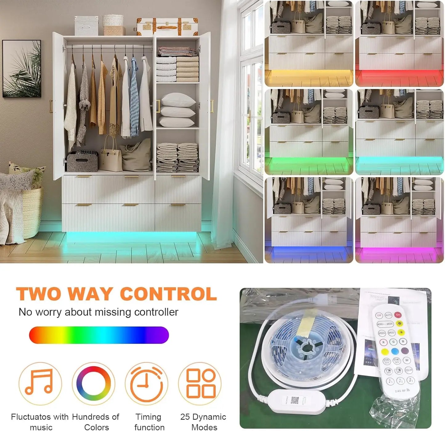 Armoire Wardrobe Closet with 3 Door, Bedroom Armoires with Mirror and LED Lights, Hanging Rod, Drawers, Large Capacity Storage W