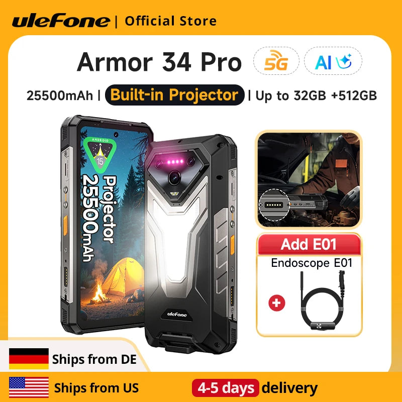 【Ships from US】Ulefone Armor 34 Pro 5G AI Rugged Phone 25500mAh Up to 32GB+512GB Built-in Projector 120Hz 6.95" NFC Smartphone