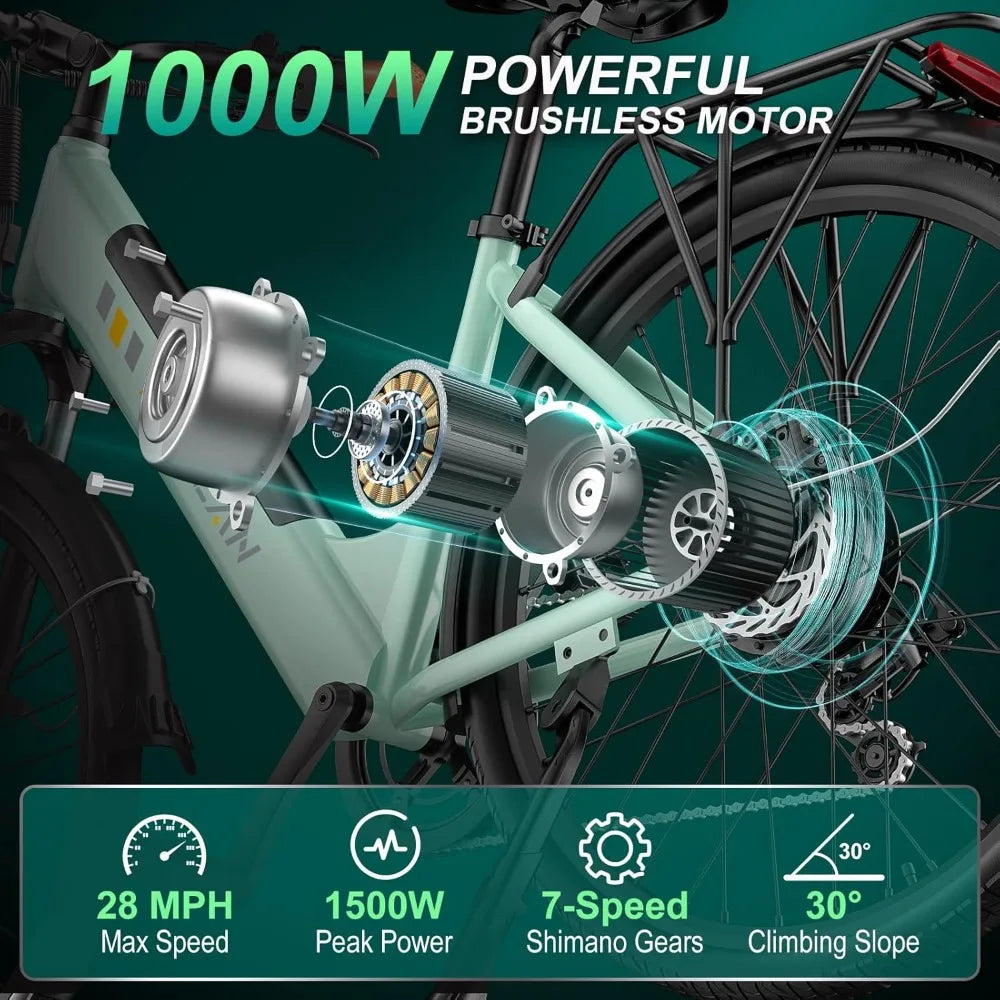 V80 Electric Bike, 1000W Motor 28MPH Ebike, 48V 13Ah Removeable Battery, 26'' City Cruise Electric Bicycles up to 70 Miles