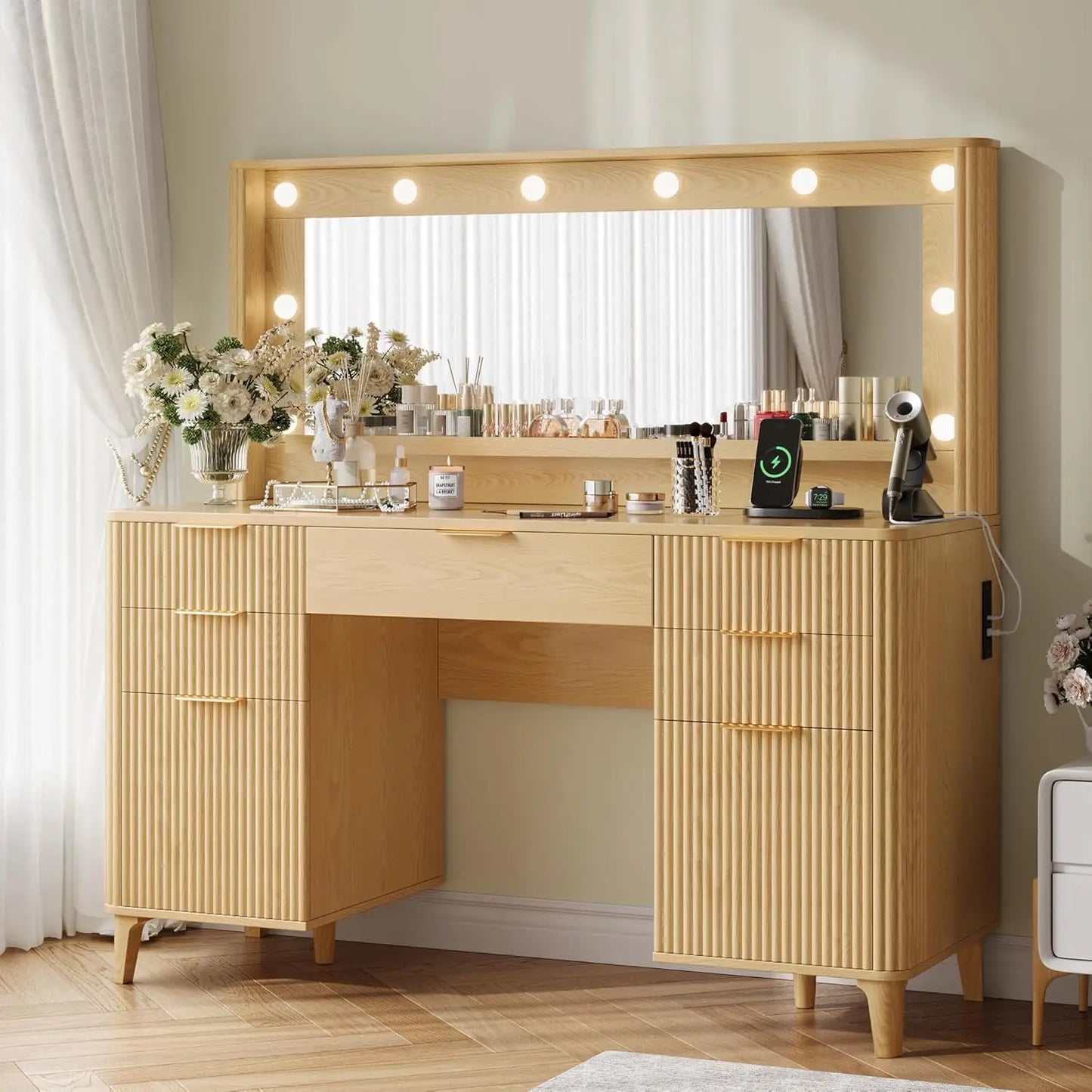 Fluted Makeup Vanity Desk with Large 39.3" Mirror and Lights, 48.8" Wood Vanity, Large Vanity Dressing Table, Customized