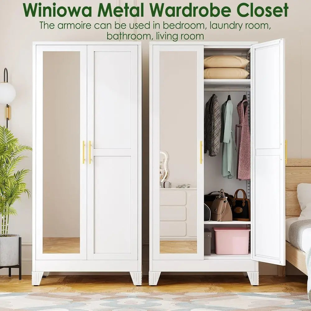 Metal Armoire Wardrobe Closet with 2 Mirror Do, 71" Wardrobe Cabinet with Adjustable Shelves and Hanging Rod, Clothing Storage C