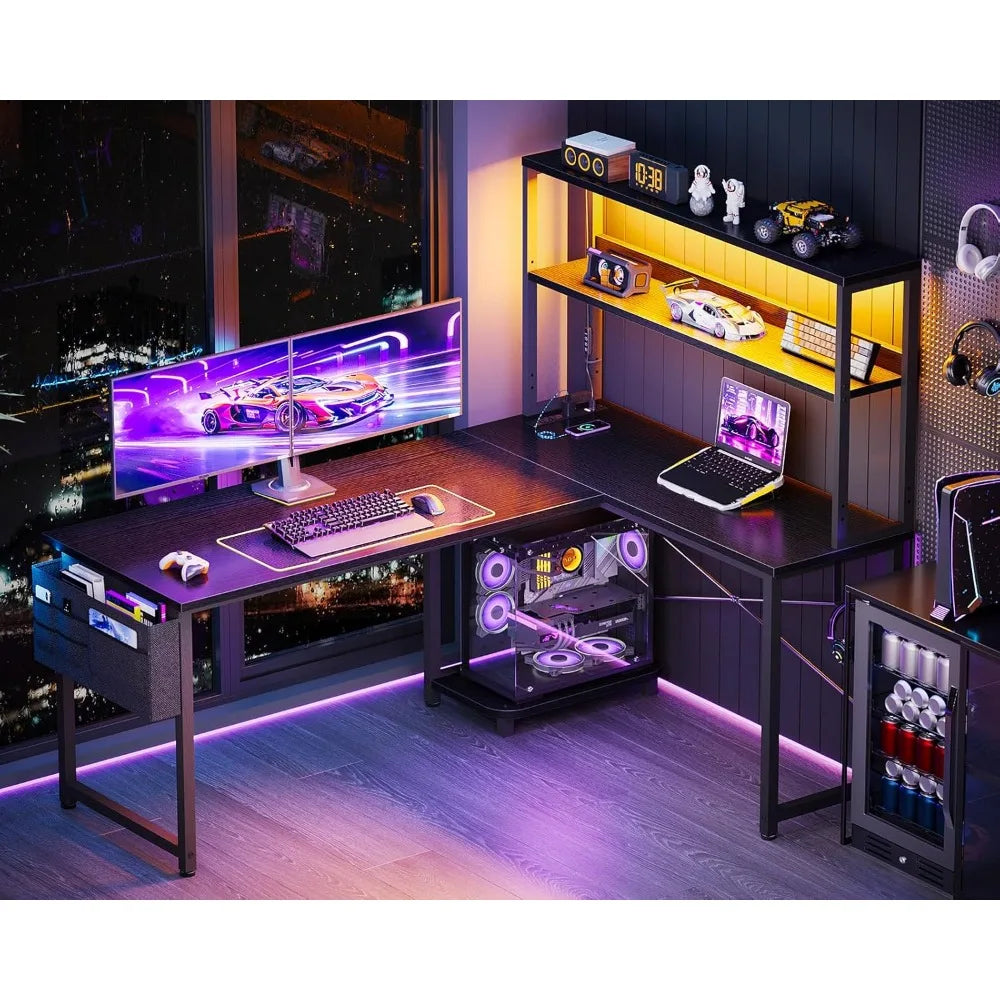 53 Inch L Shaped Gaming Desk with LED Lighting, Reversible Desk with Power Outlets, Customized