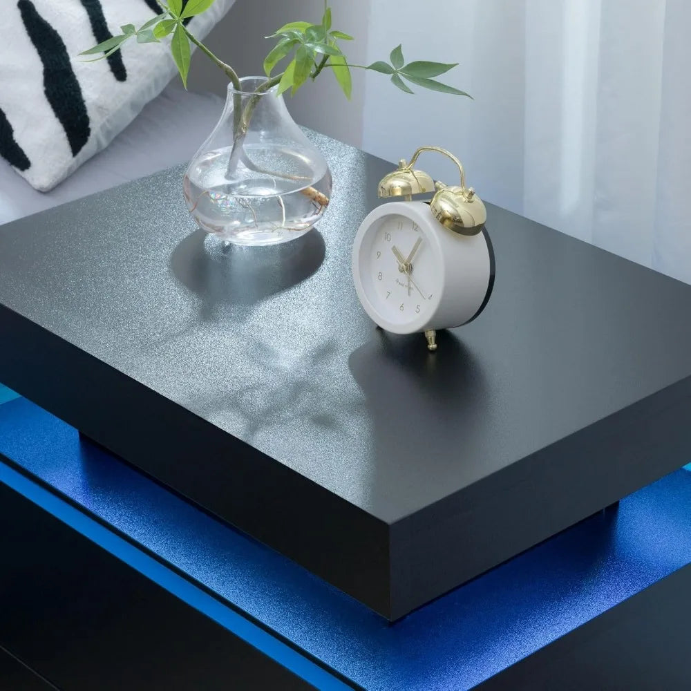 Nightstand LED Set of 2 Black Bedside Table LED Night Stand with LED Lights Modern End Side Table with 2 Drawers for Bedroom