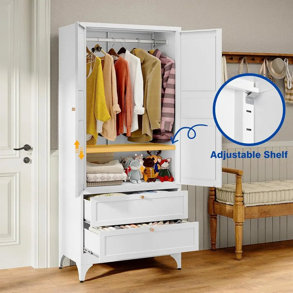 Metal Armoire Wardrobe Closet with 2 Ders 72'' Wardrobe Cabinet with Ders and Hanging Rail Metal Closet with Adjustable Shelves