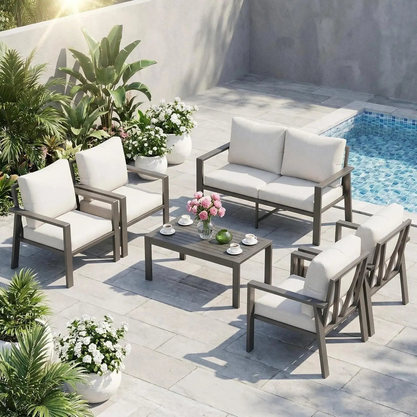 Aluminum Patio Conversation Set 6 Pieces Metal Deck Outdoor Furniture 6-Seat All-Weather Rust-Proof Sectional Sofa Set, Custom