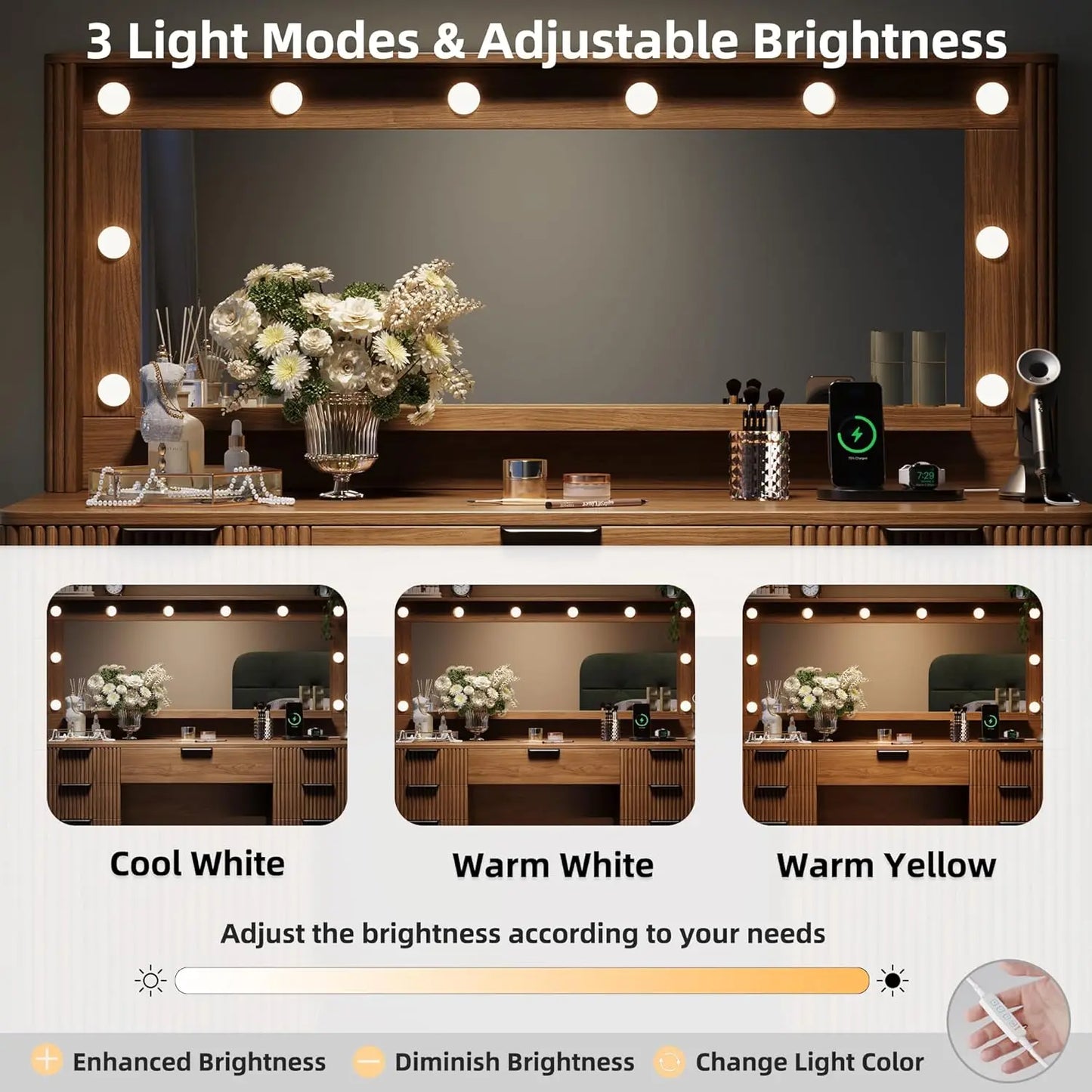 Fluted Makeup Vanity Desk with Large 39.3" Mirror and Lights, 48.8" Wood Vanity, Large Vanity Dressing Table, Customized