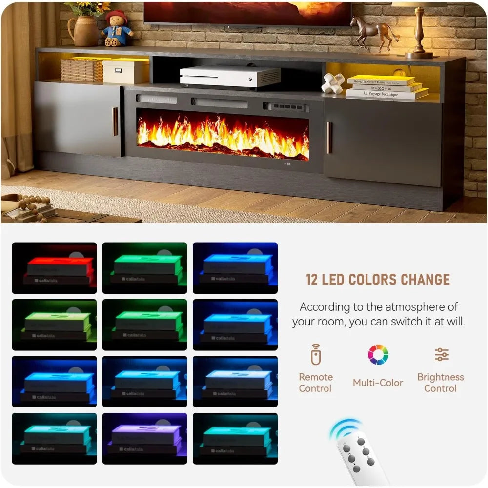 70" Fireplace TV Stand with Power Outlet for TVs UP to 80", Electric Fireplace Entertainment Center with LED Lights & Storage C