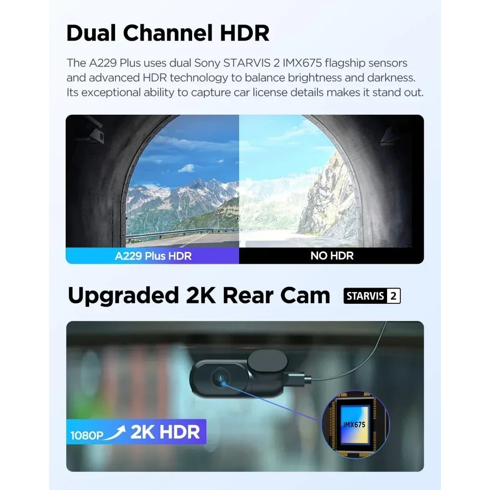 home.A229 Plus Dash Cam with Dual STARVIS 2 Sensors, 2 Channel HDR, 1440P+1440P Front and Rear, Voice Control Car Dash Camera