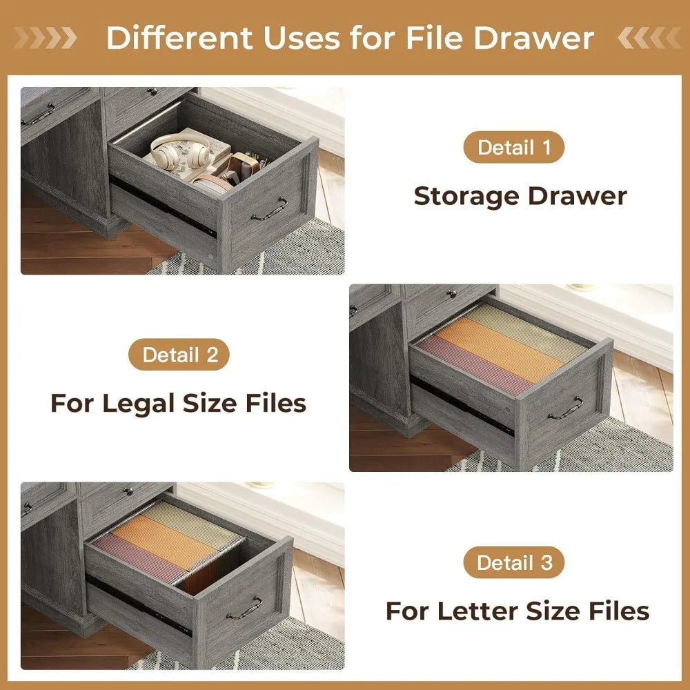 Farmhouse Executive Desk with File Drawer, Computer Desk with Charging Station & LED Lights, Home Office Desk with Drawers & Sto