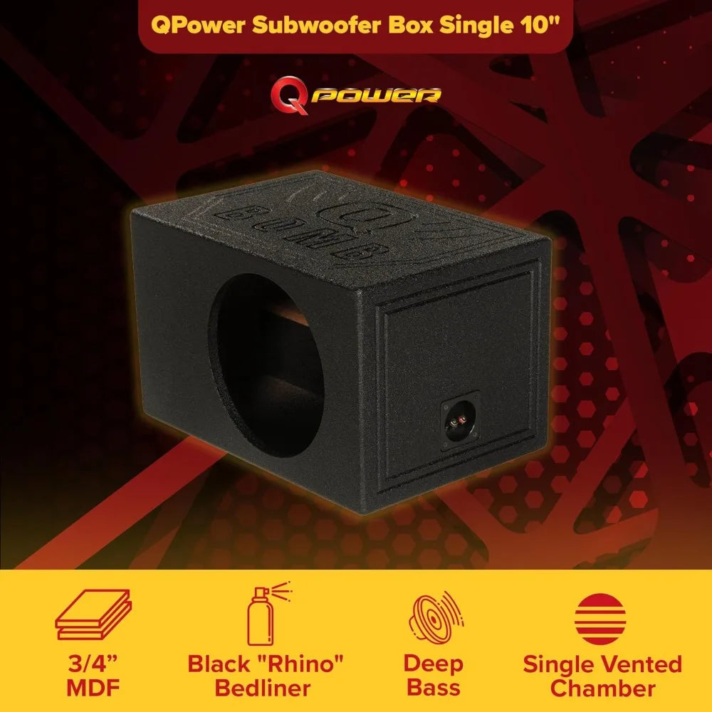 QPower QBOMB, Single 10" Tough Vented Shallow Ported Car Audio Subwoofer Box Enclosure with 1.4 Cubic Feet of Air Space, Black