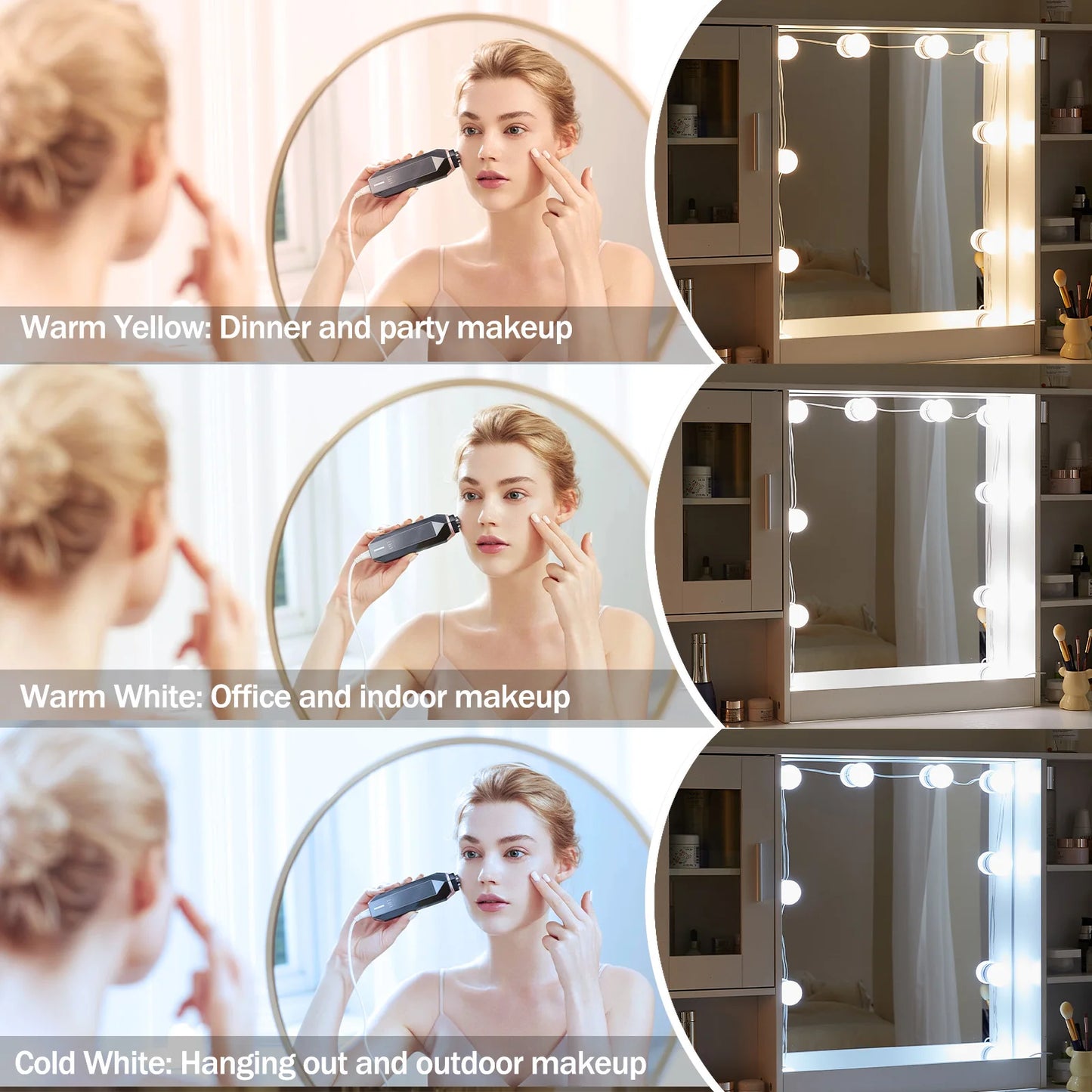 Teousev White Modern Vanity Set Openable 3-Colour Lighting Mirror 5 Drawers & Glass Cabinet Easy Assembly Bedroom Makeup Desk
