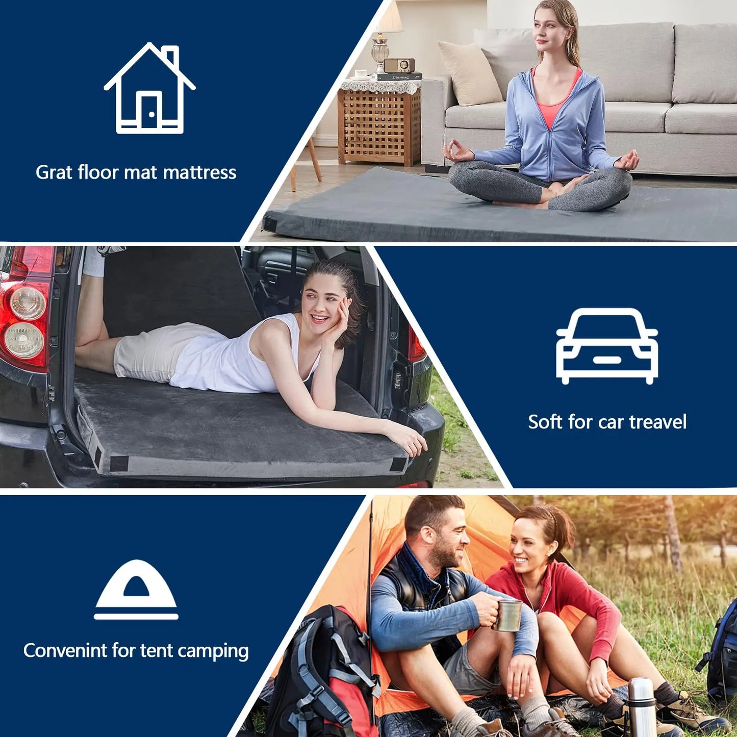 WESTTUNE Memory Foam Mattress CertiPUR-US Portable Roll Up Cot Bed for Home Camping Sleeping Pad Car Mat with Travel Bag
