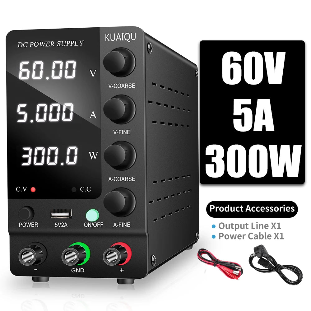 KUAIQU Adjustable Switching DC Power Supply 30V 10A 6A Lab Bench Power Supply 60V 5A 120V 3A Output Preset Current USB Interface