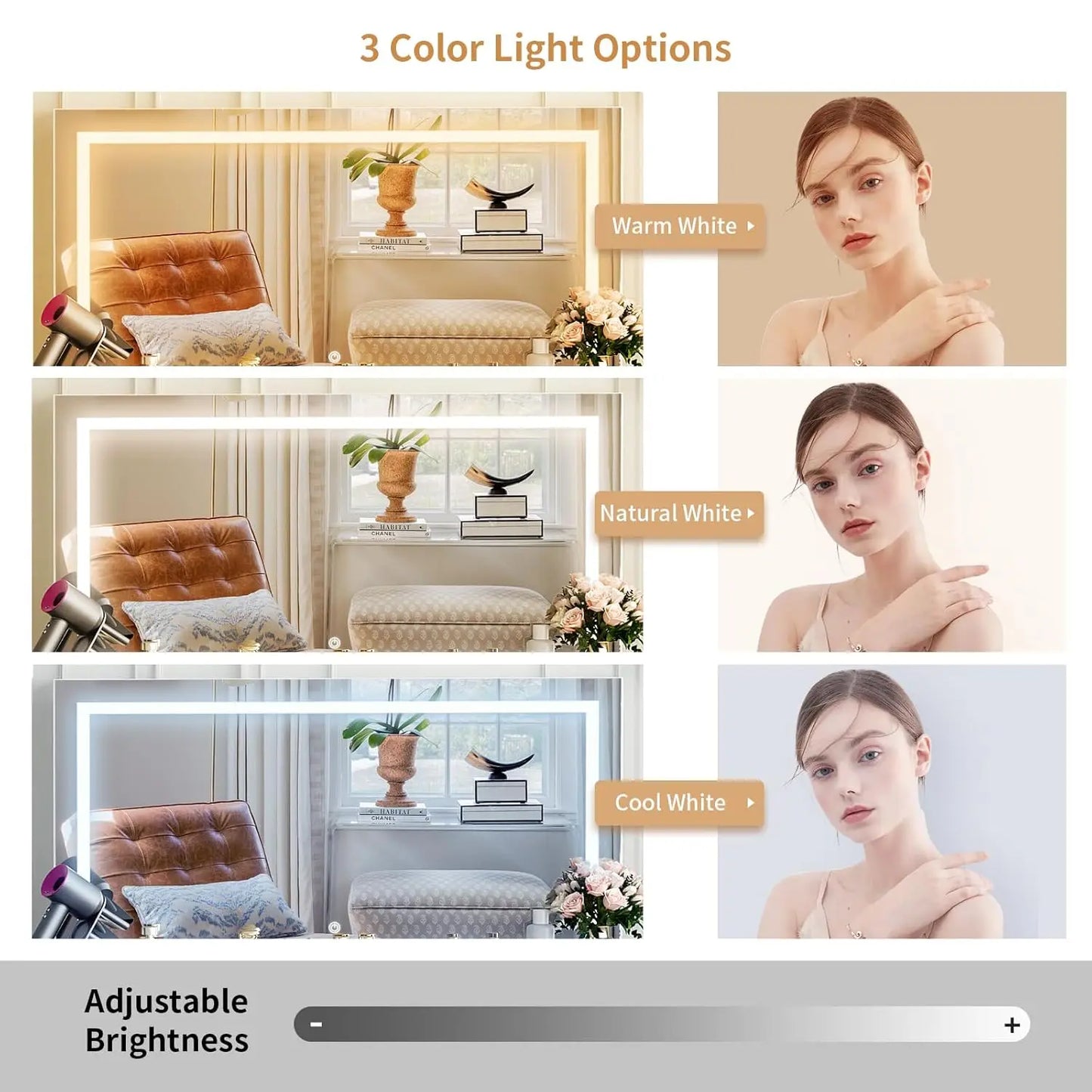 Glass Top Vanity Desk Lighted Mirror Power Outlet 9 Drawers 3 Color Lighting Adjustable Brightness Cushioned Stool 43 Customized