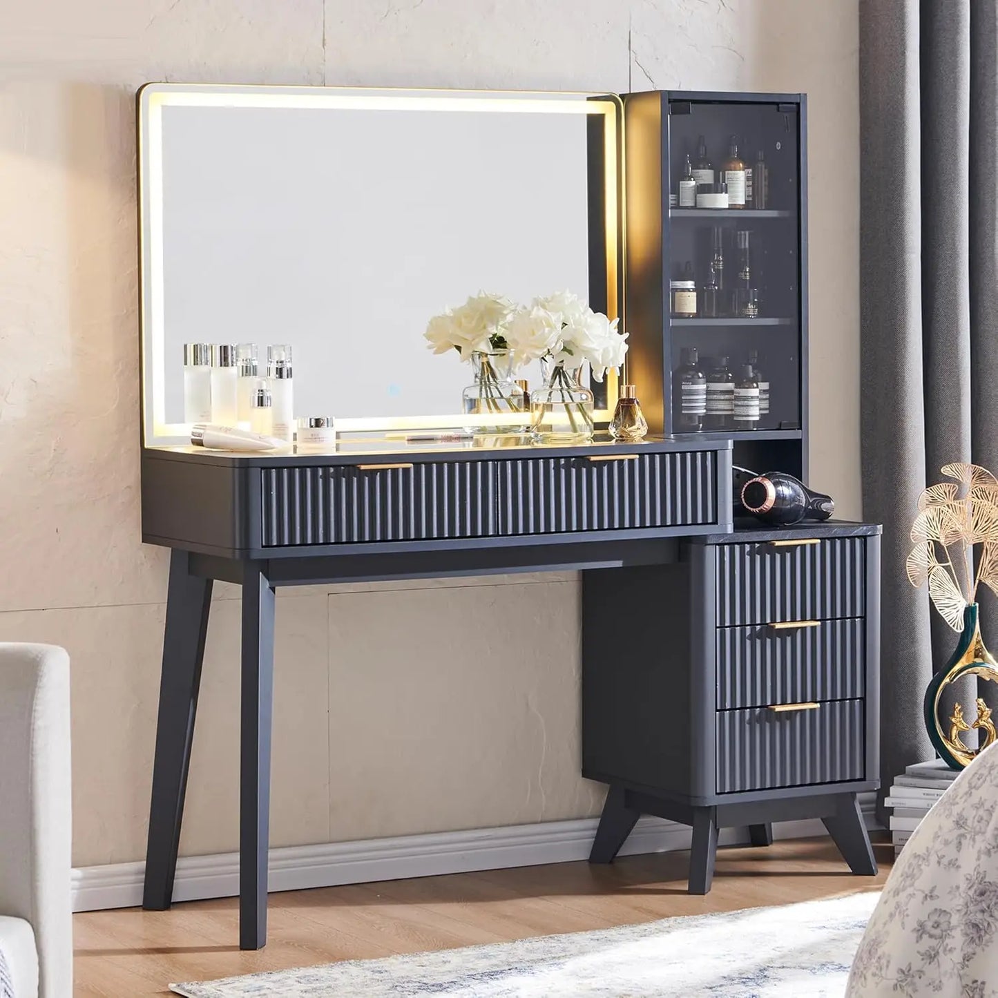 48" Fluted Makeup Vanity Desk with Large 36" Mirror and Lights, Modern Glass Top Big Vanity Table w/5 Drawers & Adjustab Shelves