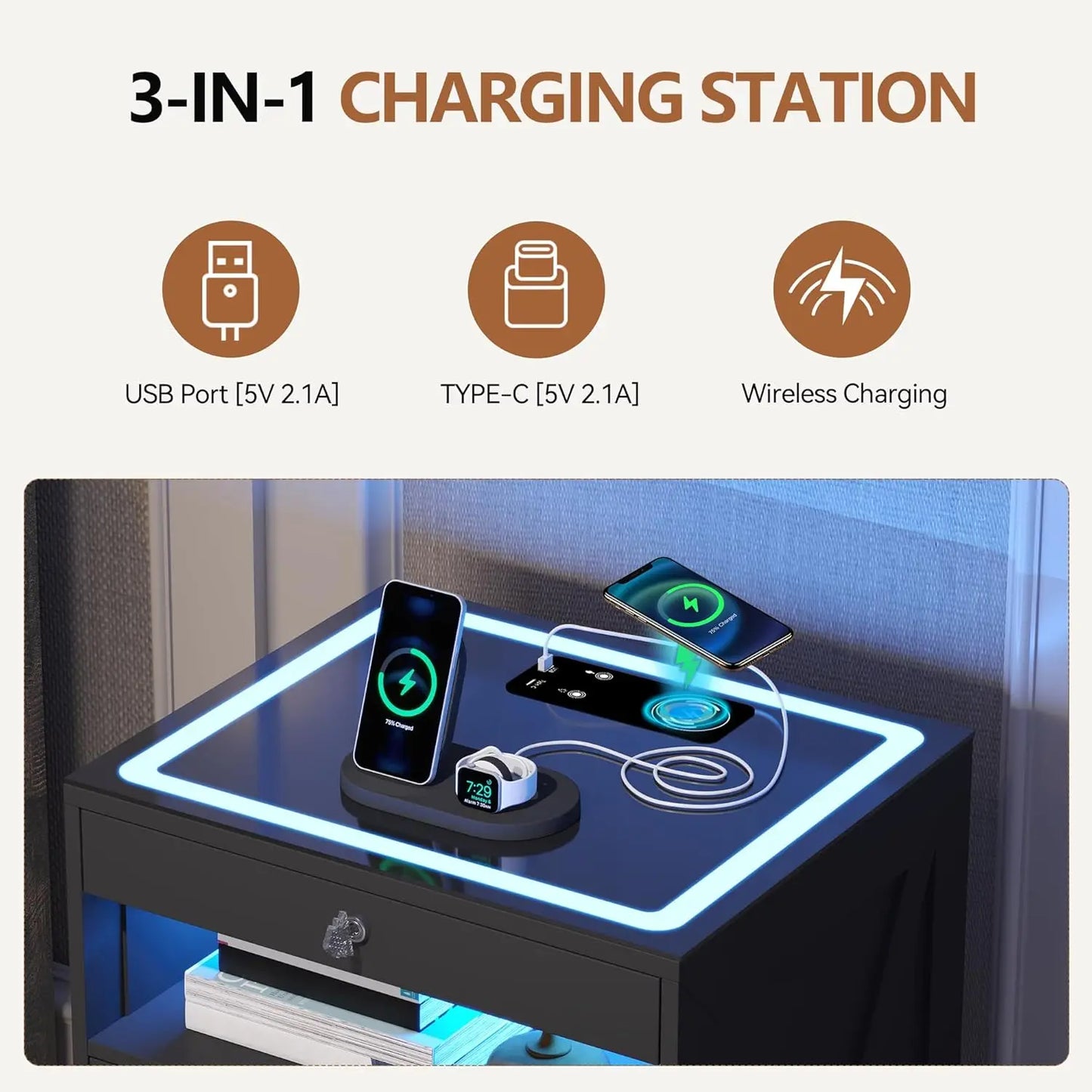 Smart Night Stand with Gun Drawer,Glass Top Nightstand with Charging Sation,LED Bedside Table with 3 Color, Customized