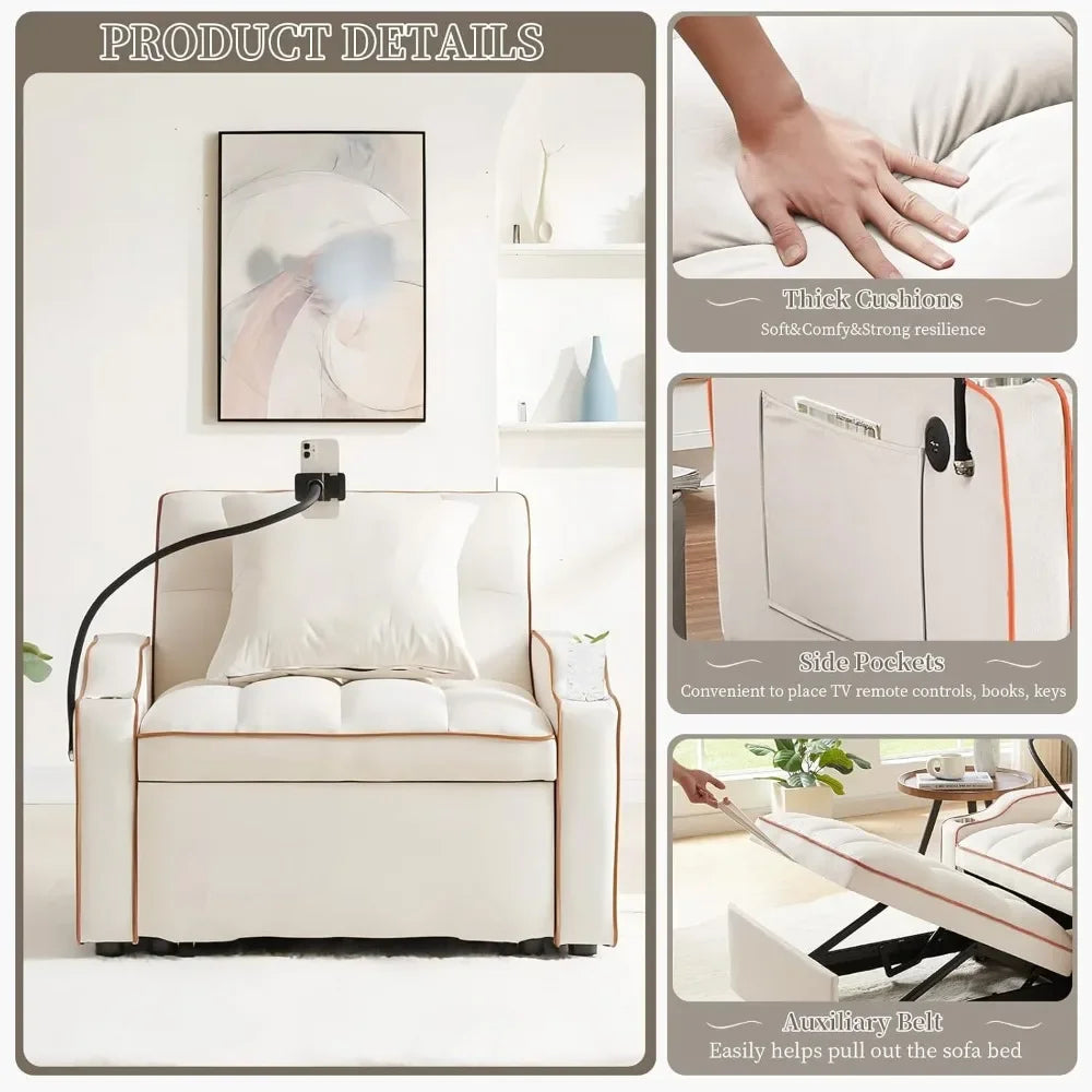 "Convertible Sleeper Chair Bed, 3-in-1 Velvet Futon Sofa with Phone Holder & USB Ports, Pull-Out Design & Adjustable Recline for