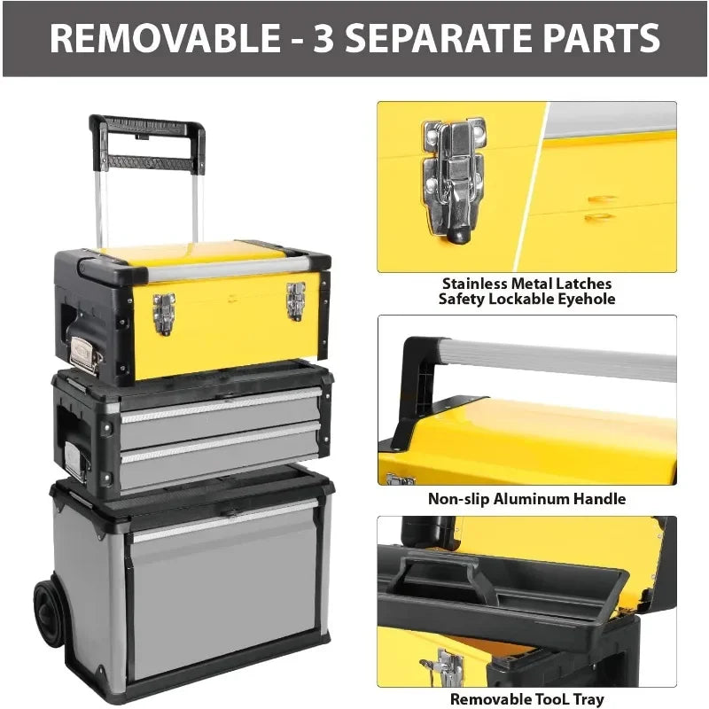 Tool Stackable Portable Metal Tool box Organizer with Wheels and 2 Drawers, Rolling Upright Trolley Guaranteed Authentic.
