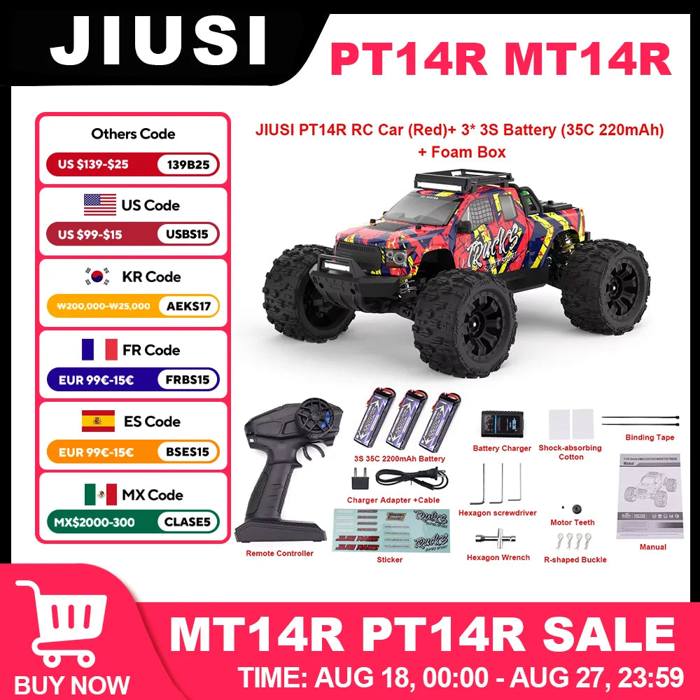 JIUSI RC Car PT14R MT14R 1/14 Brushless 80km/h 2.4G Remote Control 4WD Racing Car 3S 35C 2200mAh High Speed Off-road RC Truck