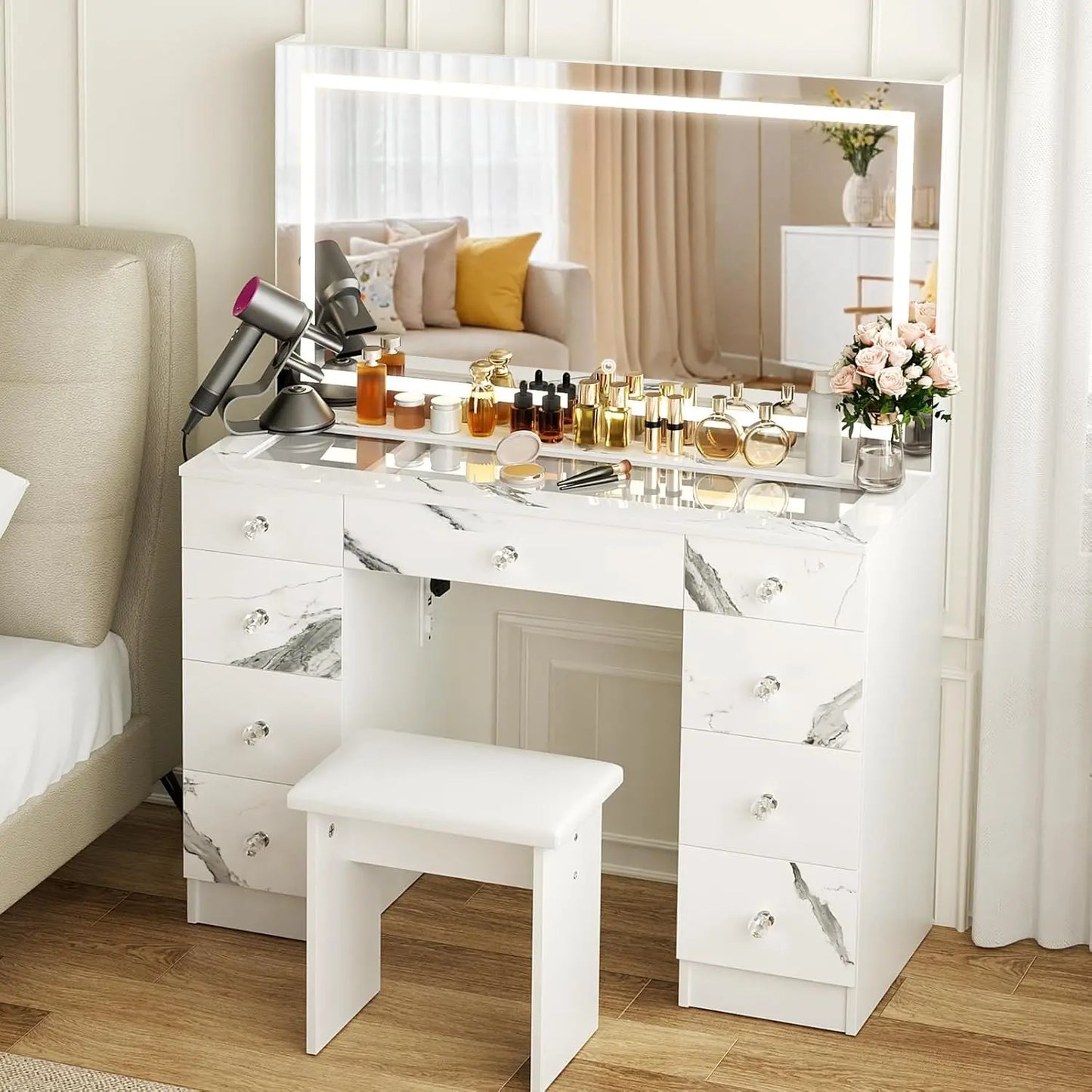 Glass Top Vanity Desk Lighted Mirror Power Outlet 9 Drawers 3 Color Lighting Adjustable Brightness Cushioned Stool 43 Customized