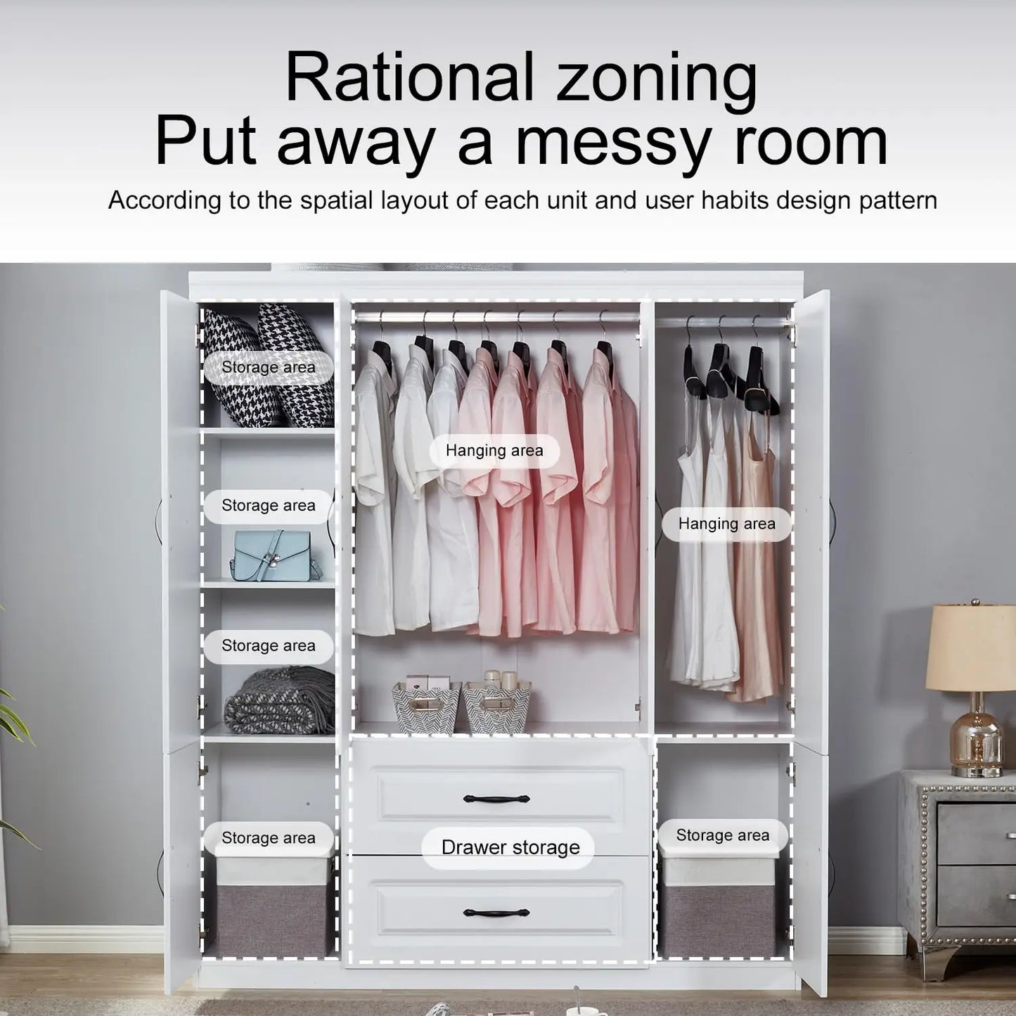White Wooden Armoire 4 Door 2 Drawer 2 Rod Shelf Bedroom Storage Cabinet, Customized