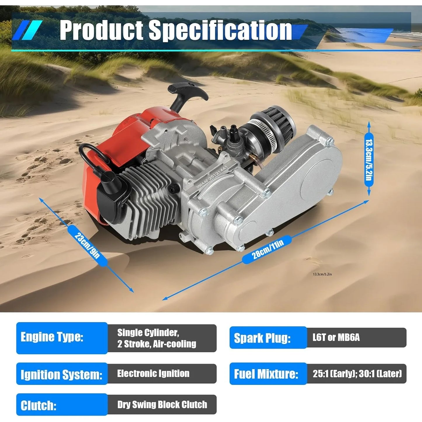 49cc 2 Stroke Racing Engine Motor, Gasoline Engine Single Cylinder Pull Rope Start Motor for Dirt Bike Pocket Bike ATV Scooters