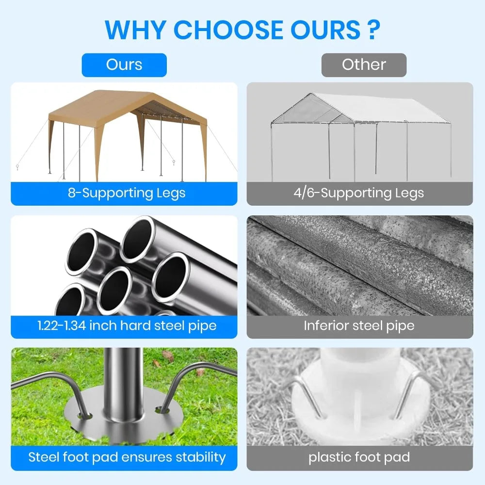 10x20 FT Heavy Duty Carport, Outdoor Portable Car Canopy Garage, Galvanized Steel Frame, UV-Resistant Waterproof PE Tarp