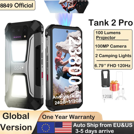 8849 Tank 2 PRO Rugged Smartphone with Projector  6.79" 2.4K Display 24GB 512GB Mobile Phone 23800mAh 120W Android 14 Phone