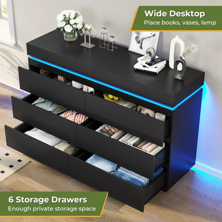 Modern 6 Drawer Dresser with Sliding Desktop, Wide Chest of Drawers with Charging Station & LED Lights, Large Storage Tow