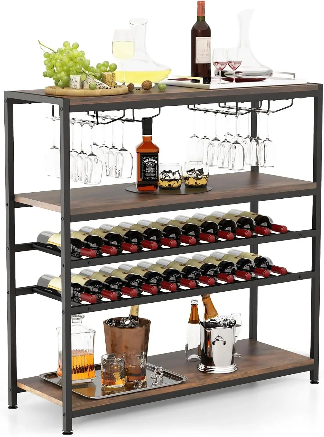 Industrial Wine Rack Table, Wine Bar Cabinet with 2-Tier Wine Rack, 4 Row Glass Holder and Storage Shelves